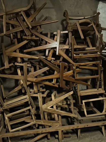 A pile of unfinished Pierre Jeanneret chair frames in my workshop, waiting for assembly and finishing.