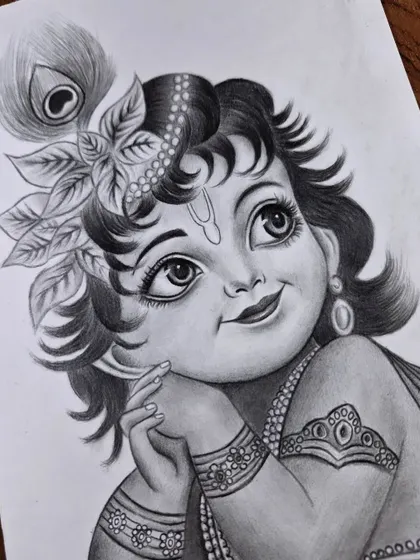 An adorable sketch of Little Krishna, capturing his innocent and divine charm. These drawings are perfect for a child's room or a family prayer space.