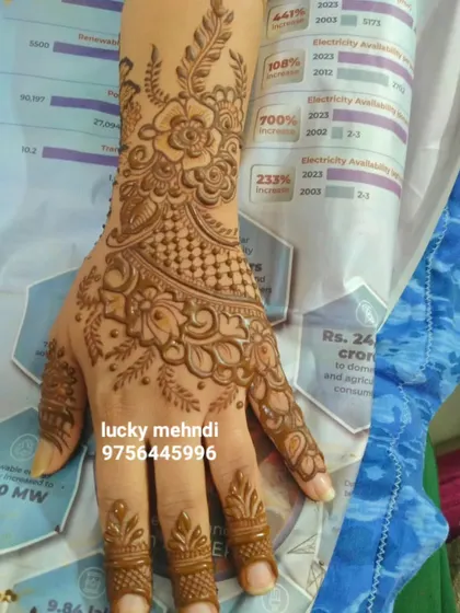 A very neat and elegant back-hand design for a guest. The pattern uses a combination of floral motifs and geometric netting (jaali) for a sophisticated look.
