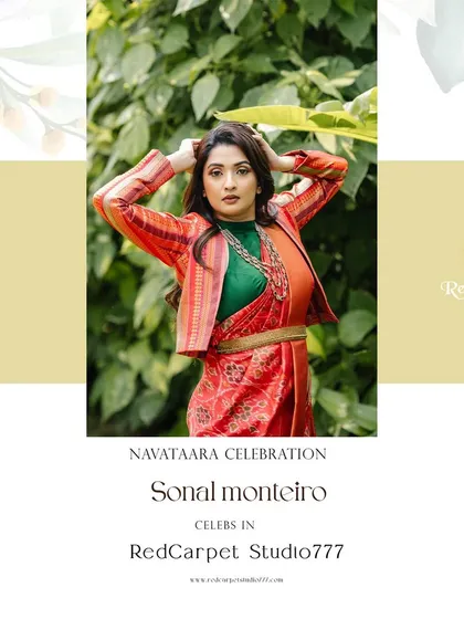 The stylish actress Sonal Monteiro featured in my 'Navataara' series, wearing a unique red printed saree with a green blouse and a modern striped jacket.