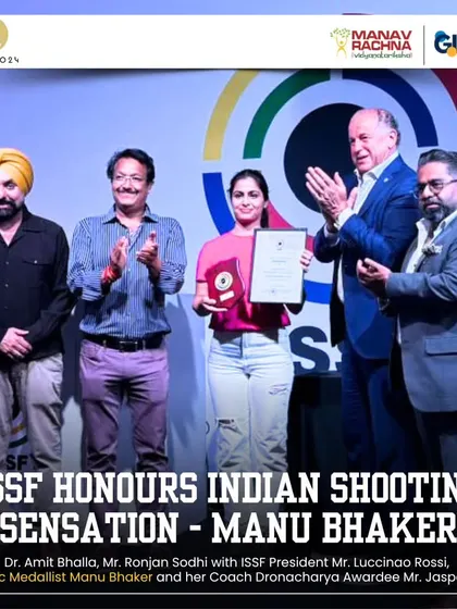 Our Vice President Dr. Amit Bhalla with ISSF President Mr. Luciano Rossi, honoring Indian shooting sensation Manu Bhaker for her spectacular Olympic performance.