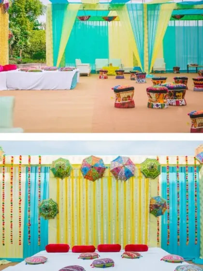 A collage showing different elements of a Mehendi decor setup. It highlights the colorful seating arrangements and the backdrop with traditional umbrellas and hangings.