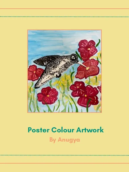 A lovely poster color piece by Anugya. The contrast between the black and white bird and the bright red flowers creates a striking composition.