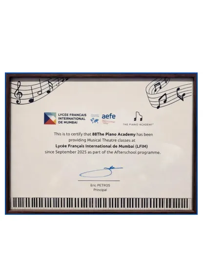 A close up of our Certificate of Recognition from the French School, Mumbai. We are grateful for the trust and the opportunity to provide quality musical theatre classes.