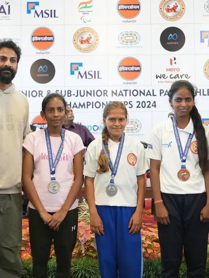 Our coaches and athletes with actor Dhruva Sarja at the 13th National Junior and Sub-Junior Para Athletics Championship, celebrating multiple medal wins for our team.