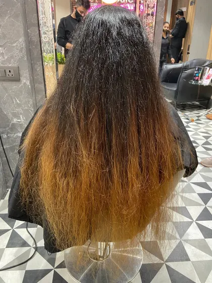This image shows the starting point for a major hair transformation, with significant color banding and dryness that we are about to correct with our expert coloring techniques.