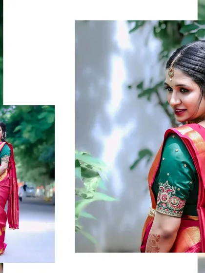 A creative composition showing different angles of the mother-to-be in her beautiful green and pink saree, capturing her radiant glow from multiple perspectives.