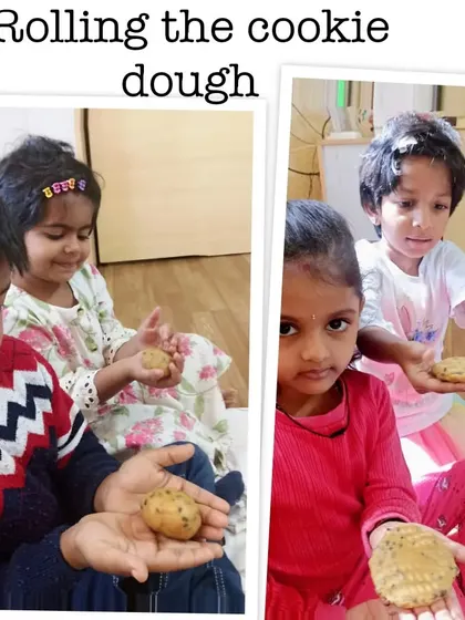 Little hands rolling the choco-chip cookie dough into balls. This is a wonderful sensory activity that helps develop hand strength and coordination.