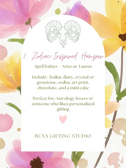 A zodiac-inspired hamper idea for April babies (Aries or Taurus), featuring a zodiac diary, a gemstone, and a mini cake.