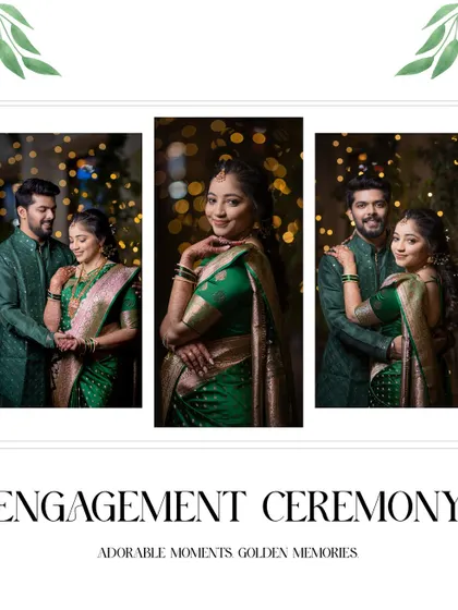 A triptych of an engagement ceremony, capturing the couple's interactions and the bride's solo portraits.