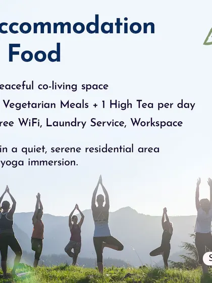 We take care of all the details during our residential teacher training. This graphic outlines the peaceful co-living spaces, vegetarian meals, and other amenities provided, so your focus can remain entirely on your yoga immersion.