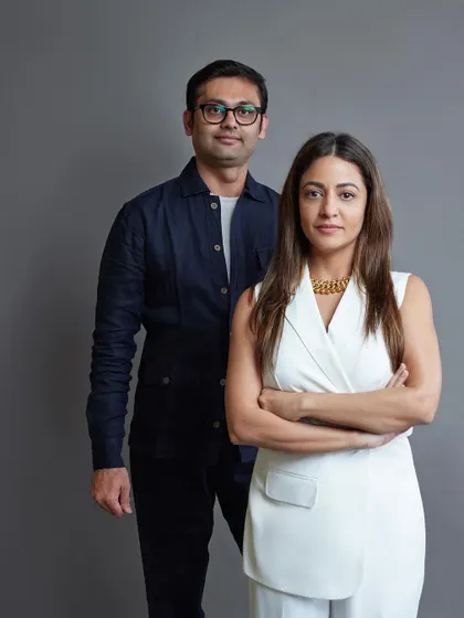 A portrait of us, Farah Ahmed and Dhaval Shellugar. Our partnership is built on a shared ambition to create original work and give each client a design identity that is exclusively their own.