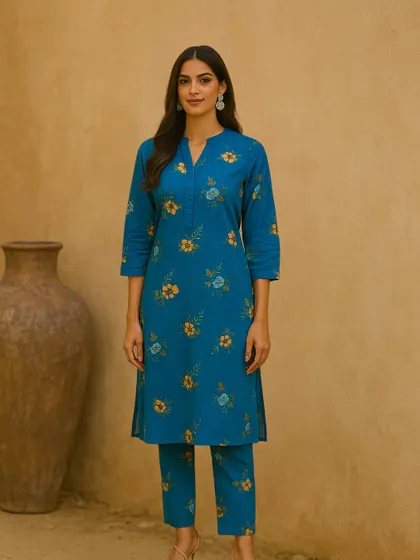 To help you imagine the possibilities, here is an example of what my fabrics can become. This elegant blue floral kurta and pant set was created from one of my printed cottons, showing how a simple fabric can be tailored into a chic, everyday ethnic wear ensemble.