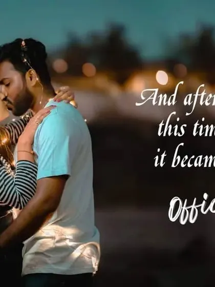 A romantic evening shot of a couple kissing, with fairy lights and text overlay making it feel like a movie scene.