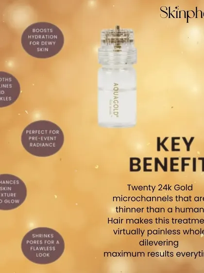 This infographic highlights the key benefits of the Aqua Gold treatment. The 24k gold microchannels, thinner than a human hair, make the treatment virtually painless while delivering maximum results like boosted hydration and shrunken pores.
