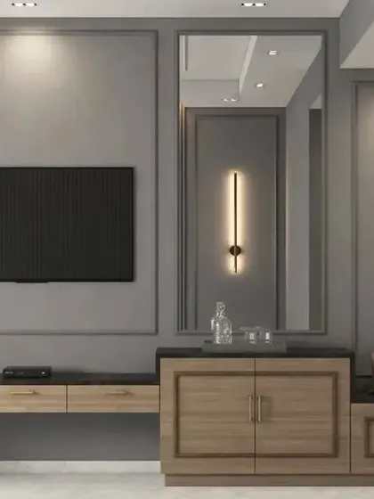 The opposite wall of the hotel room, featuring a built-in wardrobe, a floating vanity and desk area, and a luggage rack, all designed as a single, cohesive unit.