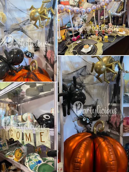 A collage showing the details of my Halloween party decor. I use everything from spider and pumpkin balloons to spooky cobwebs and themed banners to create a fun and immersive Halloween experience.