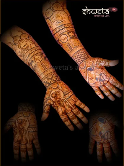 This bridal mehendi tells a story from the couple's life. Each element is customized to reflect their journey, creating a design that is truly one of a kind.