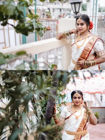A collage of the bride's portraits, showcasing her beauty from different angles and using natural elements to frame the shots.