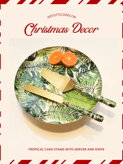My tropical cake stand with a matching server and knife adds an unexpected pop of green to the holiday table. It's a fun and vibrant choice for serving your Christmas cake.