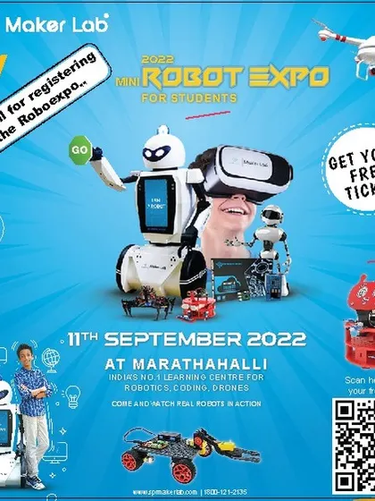 This poster was the final call for our 2022 Mini Robot Expo in Marathahalli. These events are a fantastic opportunity for students to see real robots in action and get inspired.