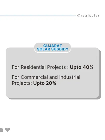 For our customers in Gujarat, the state's solar subsidy offers up to 40% for residential projects and up to 20% for commercial and industrial projects. We can help you access these benefits.