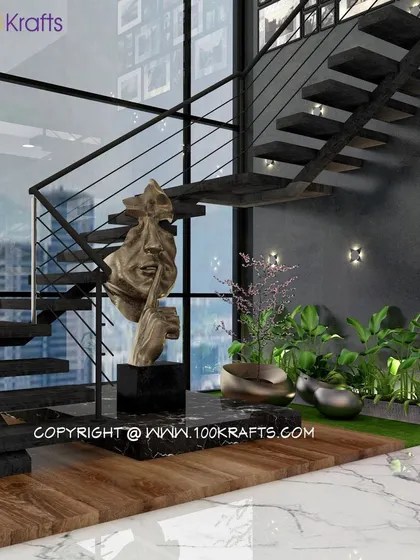 A dramatic staircase from our 'Gothic Design' concept. The floating black steps, minimalist railing, and a striking sculpture create a powerful and artistic statement.
