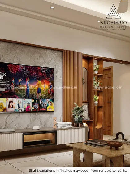 The living area features a TV unit with a stone-cladded wall and a wooden fluted panel, combining natural textures for a warm and modern look.