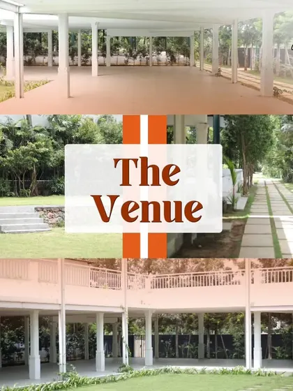 A collage showcasing "The Venue" on Kanakapura Road. This versatile space with its clean, modern aesthetic is perfect for couples looking to tie the knot in a unique setting.