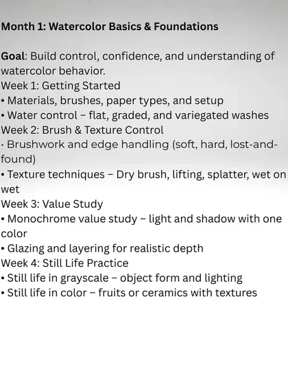 An overview of Month 1: Watercolor Basics & Foundations. The goal is to build your control, confidence, and understanding of how watercolor behaves.