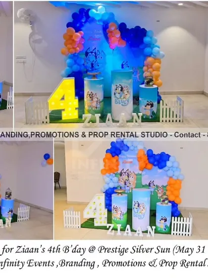 Let's paw-ty! We created this fun Bluey theme for a 4th birthday at Prestige Silver Sun. The setup features a blue and orange balloon arrangement, themed cylinder props, and a light-up number "4," perfect for fans of the energetic blue heeler.