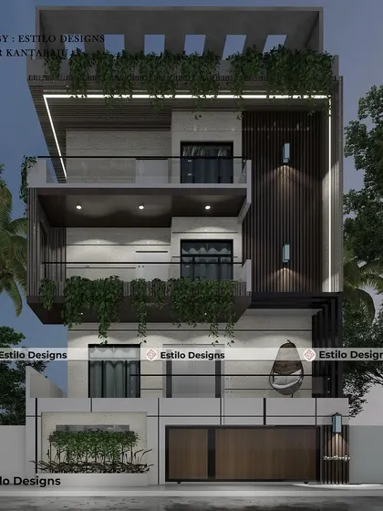 This is the night view of my architectural elevation project in Hosakerehalli. The strategic use of exterior lighting highlights the building's clean lines, wood paneling, and cantilevered balconies, creating a dramatic and welcoming effect.