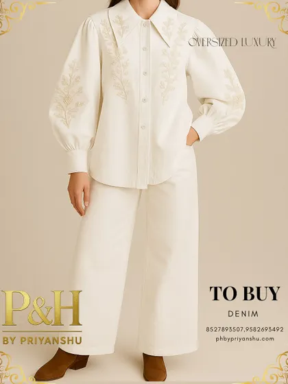 A full-length shot of the off-white denim set, styled with brown boots, emphasizing the clean, monochromatic look.