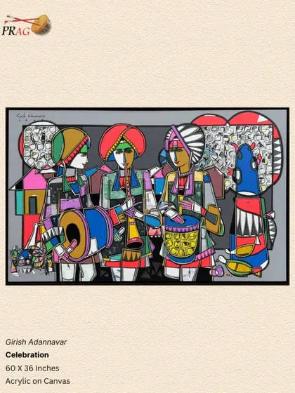 Another 'Celebration' by Girish Adannavar, this time in a vibrant, folk-inspired style, capturing the energetic rhythm of traditional musicians.