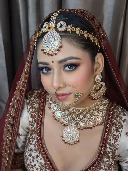 A direct, confident gaze. This close-up shows the precision of the eye makeup and the perfectly sculpted brows.