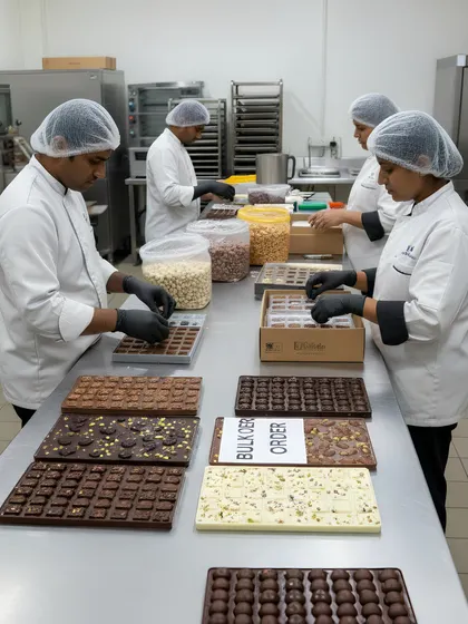 Chocolate trays and packing boxes appear in our production catalogue visual, illustrating the business gifting range.