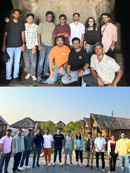 A collage from a Hampi adventure, showing the group exploring ancient ruins and relaxing at the resort.