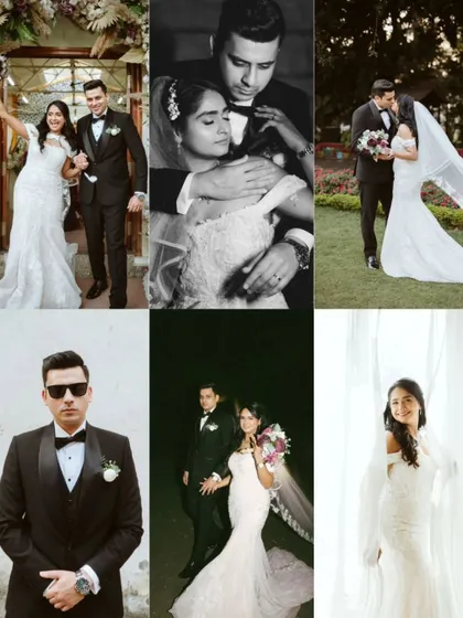 A collection of portraits showcasing the couple's style and love. From a classic exit from the church to a cool, editorial-style shot of the groom, this collage highlights the variety in our work.