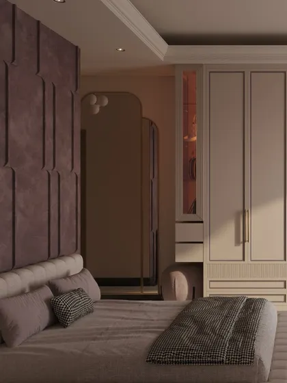 The view from the bed, showing the arched mirror reflecting the soft, graceful details of the room.