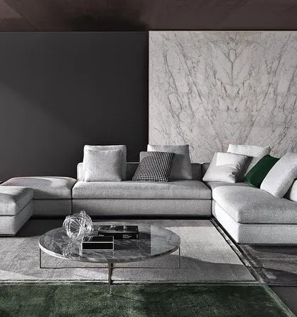 This large, grey L-shaped sectional is the ultimate sofa for lounging and entertaining. Its modular design allows for flexible arrangement, while the abundance of plush cushions offers unmatched comfort. The low-profile frame gives it a distinctly modern and sophisticated look.