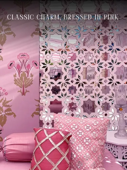 A close-up of the fine details in our pink-themed decor, highlighting the custom cushions, mirror-work panels, and traditional floral motifs.