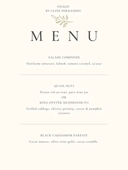 A simple yet elegant menu for a Sunday Supper. This three-course meal highlights seasonal ingredients with options for both non-vegetarian (Quail) and vegetarian (King Oyster Mushroom) guests.