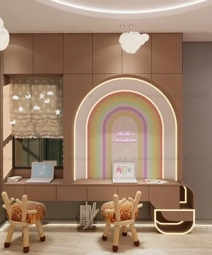 The shared study nook, featuring a glowing rainbow arch, deer-shaped chairs, and a grid board for pinning up art and notes. It's a corner designed to inspire creativity.