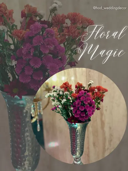 A "Floral Magic" collage, highlighting simple yet beautiful arrangements of purple and orange flowers in sleek silver vases.