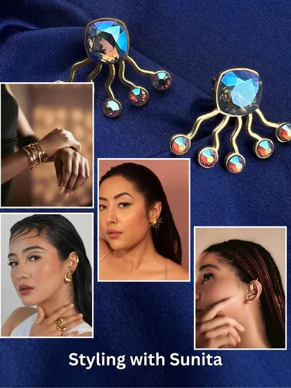 A mood board of modern and edgy luxury accessories, including unique ear cuffs and stacked bracelets.