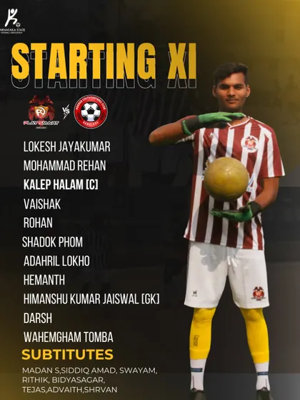 Our starting XI for the C-Division league clash against Kodagu Colts FC. Skipper Kalep Halam leads the charge.