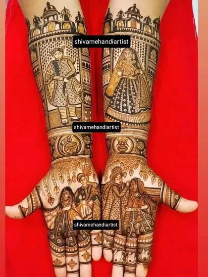 This design includes multiple portraits, showing the couple on their wedding day and also with their family. The forearms depict the bride and groom in royal attire.