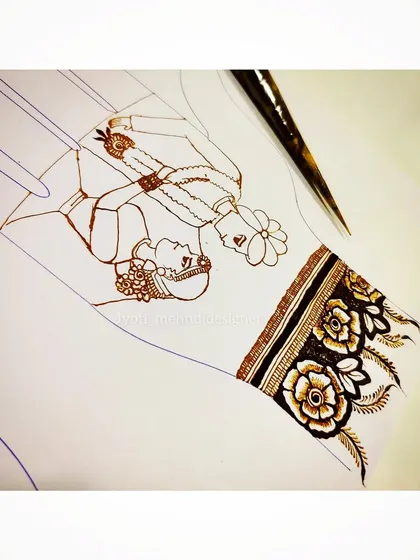 An outline sketch of a bride and groom during their varmala ceremony. This is the first step in creating a detailed and personalized wedding portrait.