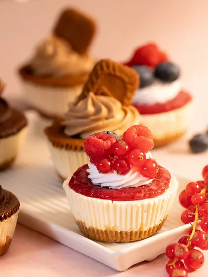 Another view of my assorted baby cheesecakes, with the fresh redcurrant and raspberry topped cheesecake in the foreground. They are as delicious as they are beautiful.