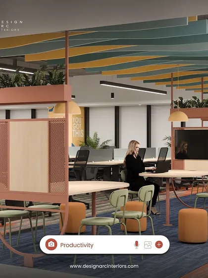 This design concept illustrates a collaborative workstation area. The setup includes shared tables with integrated screens and whiteboards, designed to support dynamic teamwork and brainstorming sessions.
